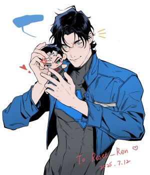 2boys :< arms_up batman_symbol black_bodysuit black_hair black_pants black_shirt blank_speech_bubble blue_eyes blue_jacket blush blush_stickers bodysuit character_doll closed_eyes closed_mouth collared_jacket colored_speech_bubble commentary covered_abs cowboy_shot cs919 curtained_hair dated dc_comics dick_grayson doll gift_art highres holding holding_doll jacket jason_todd long_sleeves looking_to_the_side male_focus multicolored_hair multiple_boys nightwing notice_lines open_clothes open_jacket pants parted_hair popped_collar shirt sideways_glance smile speech_bubble toned toned_male two-tone_hair v-shaped_eyebrows v-shaped_eyes white_background white_hair