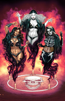 3girls absurdres artist_collaboration black_bra black_choker black_gloves black_hair black_lips black_panties black_robe black_shirt bra breasts candle choker cleavage collar colored_sclera colored_skin crop_top crossover dark-skinned_female dark_skin demon_girl dia_de_muertos elbow_gloves face_piercing facepaint fingerless_gloves gloves hellwitch hellwitch_(character) highres hooded_robe horns ivan_nunes jewelry la_muerta la_muerta_(character) lady_death lady_death_(character) large_breasts lip_piercing lip_ring long_hair looking_at_viewer metal_collar midriff mike_krome multiple_girls navel navel_piercing necklace nose_piercing open_clothes open_robe panties pants parted_lips piercing print_gloves print_pants print_shirt red_lips red_sclera robe shirt skeleton_print skull smoke summoning underwear white_hair white_skin