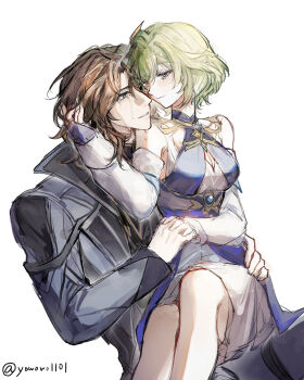 1boy 1girl blue_collar blue_dress blue_gemstone breasts bright_pupils brown_hair cleavage_cutout closed_mouth clothing_cutout coat collar couple crying crying_with_eyes_open detached_sleeves dress gem genshin_impact green_hair grey_coat grey_pants grey_pupils hair_ornament hair_over_one_eye half-closed_eyes hand_in_another&#039;s_hair hand_on_another&#039;s_hip heads_together heart heart-shaped_pupils hetero highres holding_hands interlocked_fingers lap_pillow lapels layered_dress looking_at_another medium_breasts pants parted_lips rerir_(genshin_impact) short_hair sketch smile symbol-shaped_pupils tears tholindis_(genshin_impact) twitter_username white_background white_dress white_mouth white_pupils white_sleeves yowowo1101