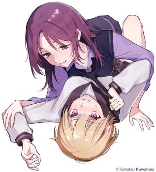2girls absurdres blonde_hair breasts cleavage clothes_grab dame_inu_kanojo highres kuwabara_(medetaya) lying_on_person multiple_girls necktie necktie_grab neckwear_grab purple_hair second-party_source simple_background smile twitter_username