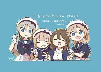 Rule 34 | 3girls, ane hoshimaru, black neckerchief, blue background, blue eyes, blue sailor collar, clenched hand, commentary request, cropped torso, dress, female admiral (kancolle), gloves, grey hair, grin, hair between eyes, happy new year, hat, highres, janus (kancolle), javelin (kancolle), jervis (kancolle), kantai collection, multiple girls, neckerchief, new year, sailor collar, sailor dress, sailor hat, short sleeves, smile, translation request, upper body, v, white dress, white gloves, white hat