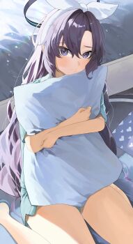 1girl absurdres aqua_pajamas bare_legs blue_archive blush freshbeef hairband halo highres hugging_object indoors long_hair looking_at_viewer official_alternate_costume pajamas pillow pillow_hug purple_eyes purple_hair short_sleeves sitting solo straight_hair thighs twitter_username very_long_hair wariza white_hairband yuuka_(blue_archive) yuuka_(pajamas)_(blue_archive)