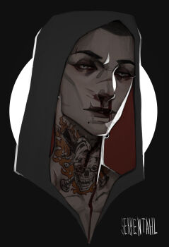 1boy absurdres backlighting blood commentary dead_by_daylight frank_morrison grey_hoodie half-closed_eyes head_tilt highres hood hood_up hoodie looking_at_viewer male_focus nail_(hardware) neck_tattoo nosebleed portrait scar scar_across_eyebrow scar_on_face scar_on_mouth scar_on_nose serpentahl skull smirk solo straight-on symbol-only_commentary tattoo variant_set white_eyes