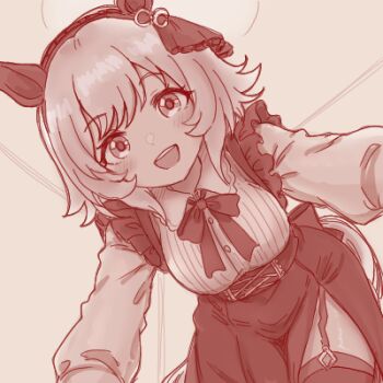 1girl animal_ears blush bow breasts corset curren_chan_(umamusume) dress ear_bow ear_covers garter_straps hair_between_eyes hairband horse_ears horse_girl horse_tail long_sleeves looking_at_viewer lowres medium_breasts monochrome open_mouth ribbed_shirt shirt short_hair simple_background smile solo tachibana_nukesaku tail thighhighs umamusume