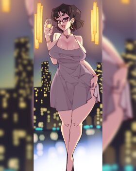 1girl alcohol black_hair breasts champagne champagne_flute cityscape cleavage clothes_lift cocktail_dress commentary cup dress drinking_glass earrings english_commentary glasses halter_dress halterneck highres hoop_earrings huge_breasts jewelry looking_at_viewer medium_dress necklace original plunging_neckline rtil satin_dress short_hair skirt skirt_lift sleeveless sleeveless_dress smile solo takahashi_eri_(rtil) wide_hips