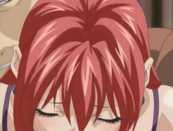 00s 1boy 1girl 2005 animated animated_gif bible_black bible_black_only blush bouncing_breasts bra bra_pull breasts close-up clothes_pull huge_breasts lipstick lowres makeup nipples open_clothes open_shirt purple_eyes red_hair shirt tagme takashiro_hiroko teacher underwear undressing