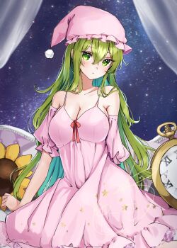 Rule 34 | 1girl, artistic error, bare shoulders, breasts, cleavage, clock, flower, green eyes, green hair, hat, highres, kazami yuuka, kazami yuuka (pc-98), long hair, lotus land story, nightcap, nightgown, shironeko yuuki, solo, sunflower, touhou, touhou (pc-98), wrong hand