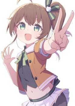 1girl :d absurdres ahoge black_camisole black_pantyhose blush brown_hair brown_jacket camisole commentary crop_top fang green_eyes greyscale groin hand_up highres hololive jacket long_hair looking_at_viewer monochrome natsuiro_matsuri natsuiro_matsuri_(1st_costume) navel okota_mikan open_mouth outstretched_arm pantyhose puffy_short_sleeves puffy_sleeves shirt short_sleeves side_ponytail simple_background skirt smile solo v virtual_youtuber white_background white_skirt