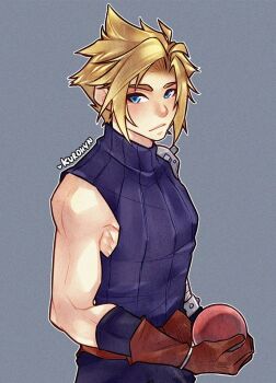 1boy armor artist_name ball black_pants blonde_hair blue_eyes blue_shirt closed_mouth cloud_strife final_fantasy final_fantasy_vii grey_background holding holding_ball kurohyn looking_at_viewer male_focus materia pants parted_bangs pauldrons shirt short_hair shoulder_armor single_bare_shoulder single_pauldron sleeveless sleeveless_turtleneck solo spiked_hair turtleneck