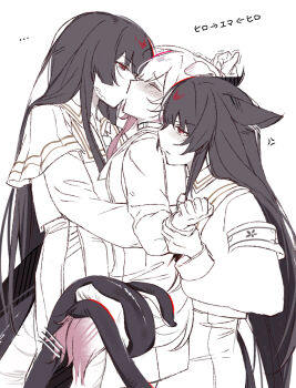 ... 3girls anger_vein animal_ears armband black_hair blush cat_ears cat_girl cat_tail closed_eyes commentary_request dog_ears dog_girl dog_tail dress girl_sandwich gradient_hair heihuamu1 holding_another&#039;s_wrist kemonomimi_mode kiss long_hair mahou_shoujo_no_majo_saiban multicolored_hair multiple_girls nikaido_hiro partially_colored pink_hair red_eyes sakuraba_ema sandwiched tail white_hair yuri