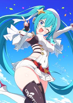 1girl ;d aqua_eyes aqua_hair beret black_gloves blue_sky braid breasts commentary_request commission confetti fang fingerless_gloves foot_out_of_frame gloves goodsmile_company goodsmile_racing hair_between_eyes hair_ornament hat hatsune_miku highres kamuraaa_615 long_hair looking_at_viewer micro_shorts one_eye_closed open_mouth racing_miku racing_miku_(2023) shorts sideless_outfit signature skeb_commission skin_fang skindentation sky smile solo star_(symbol) star_hair_ornament strap thighhighs thighs twintails very_long_hair vocaloid white_hat white_shorts