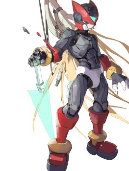 1boy absurdres black_eyes blonde_hair boots energy_sword forehead_jewel full_body helmet highres holding holding_sword holding_weapon long_hair male_focus mega_man_(series) mega_man_zero_(series) omochi_(mochi_skymega) red_boots red_helmet simple_background solo sword weapon white_background z_saber zero(z)_(mega_man) zero_(mega_man)