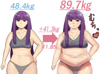 1girl artist_request before_and_after blunt_bangs breasts cleavage fern_(sousou_no_frieren) grey_panties grey_sports_bra hand_on_own_hip heart hime_cut long_hair medium_breasts muffin_top muffin_top_sensei multiple_views navel panties plump purple_eyes purple_hair sidelocks solo sousou_no_frieren sports_bra standing sweat underwear weight_gain white_background