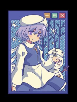 apron blue_skirt blue_vest character_snowman dotted_background highres letty_whiterock looking_at_viewer open_hand purple_eyes purple_hair scarf silverrain skirt snowflakes snowing touhou user_interface vest waist_apron white_scarf