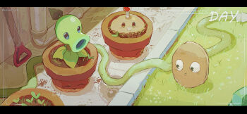 ^_^ artist_name black_eyes brown_eyes buck_teeth chinese_commentary closed_eyes closed_mouth commentary commentary_request day english_commentary english_text film_grain flower_pot_(plants_vs._zombies) food from_above halftone halftone_background highres hightguy hose industrial_pipe leaf letterboxed looking_at_object looking_at_viewer looking_down mixed-language_commentary no_humans nut_(food) on_grass open_mouth outdoors peashooter_(plants_vs._zombies) plant plants_vs._zombies potato_mine_(plants_vs._zombies) potted_plant shovel simple_background smile solid_oval_eyes sprout teeth viewfinder wall-nut_(plants_vs._zombies)