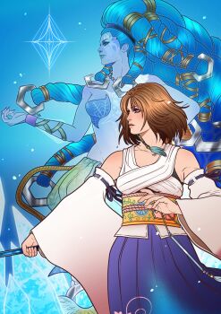 Rule 34 | 2girls, bare shoulders, beads, black bow, blue background, blue eyes, blue hair, blue lips, blue skin, blue skirt, bow, breasts, brown hair, colored skin, commentary, cowboy shot, detached sleeves, english commentary, final fantasy, final fantasy x, fingernails, green eyes, hair beads, hair ornament, heterochromia, highres, holding, holding staff, japan, long fingernails, long hair, medium breasts, medium hair, midriff, multiple girls, navel, noctglaiveart, nontraditional miko, obi, parted lips, purple nails, sash, shirt, shiva (final fantasy), skirt, staff, white shirt, yuna (ff10)