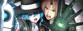 1boy 1girl absurdres blue_eyes blue_hair brown_hair casting_spell dust gem green_eyes green_gemstone hat highres husband_and_wife junu_(jwoo5627) mage_staff mole mole_under_eye mushoku_tensei open_mouth roxy_migurdia rudeus_greyrat screaming staff witch_hat