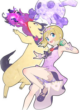 1girl bare_shoulders blonde_hair blue_eyes blush breasts brown_eyes dress fire gonzarez hair_between_eyes headband highres hisuian_typhlosion holding holding_poke_ball irida_(anniversary_2025)_(pokemon) irida_(pokemon) legs neckerchief nintendo official_alternate_costume open_mouth poke_ball pokemon pokemon_(creature) pokemon_masters_ex purple_dress purple_fire purple_fur purple_headband purple_neckerchief purple_shorts shoes short_hair shorts shorts_under_dress simple_background skull_and_crossbones sleeveless sleeveless_dress smile teeth terastallization two-tone_fur upper_teeth_only white_background wrist_cuffs yellow_fur