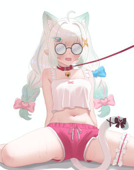 1girl absurdres ahoge andrl animal_ear_fluff animal_ears arms_behind_back bell blue_bow blunt_bangs blush bow braid camisole cat_ears cat_girl cat_tail coke-bottle_glasses collar commentary crop_top dolphin_shorts drooling frilled_thigh_strap glasses gradient_hair green_hair hair_bow hair_ornament hairclip highres indie_virtual_youtuber leash long_hair low_twin_braids midriff mint_fantome mint_fantome_(otaku) mouth_drool multicolored_hair navel neck_bell official_alternate_costume official_alternate_hairstyle open_mouth pink_bow pink_collar pink_shorts pointy_ears shorts simple_background sitting solo sweat swept_bangs tail tail_bow tail_ornament thigh_strap twin_braids virtual_youtuber white_background white_camisole white_hair x_hair_ornament