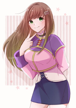 1girl blush breasts brown_hair choker closed_mouth green_eyes hair_ornament hairclip highres long_hair looking_at_viewer pencil_skirt skirt smile solo sophia_esteed star_(symbol) star_ocean star_ocean:_till_the_end_of_time v yutohiroya