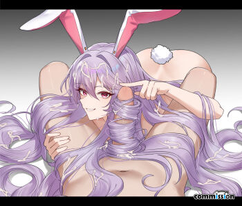 1boy 1girl animal_ears commentary cum cum_on_hair feet gradient_background hair_flowing_over hair_on_penis hairjob hand_on_another's_leg helandyck highres long_hair looking_at_viewer pov pov_crotch pov_legs purple_hair rabbit_ears rabbit_girl rabbit_tail red_eyes reisen_udongein_inaba smile tail touhou very_long_hair