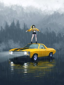 1girl black_hair black_shoes black_shorts car commentary_request highres hood hooded_jacket jacket long_hair long_sleeves motor_vehicle open_clothes open_jacket original outdoors outstretched_arms rain reflection sanmen_(threeface_il) shirt shoes short_shorts shorts solo spot_color spread_arms standing vehicle_request white_shirt wide_shot yellow_car yellow_jacket