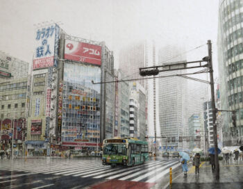 billboard bronco building bus cityscape commentary_request crosswalk day motor_vehicle original outdoors overcast people rain real_world_location road scenery shinjuku_(tokyo) sky skyscraper street tokyo_(city) traditional_media traffic_light umbrella