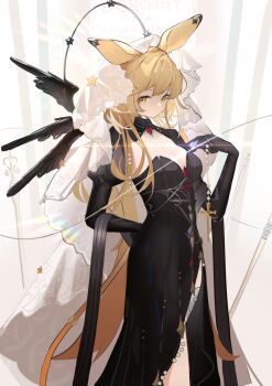 1girl absurdres andersonalac animal_ears arknights black_dress blonde_hair breasts character_name dorothy_(arknights) dorothy_(hand_of_destiny)_(arknights) dress highres jewelry long_hair looking_at_viewer medium_breasts mouse_ears mouse_girl mouse_tail necklace official_alternate_costume pearl_necklace shrug_(clothing) solo standing tail veil white_veil yellow_eyes