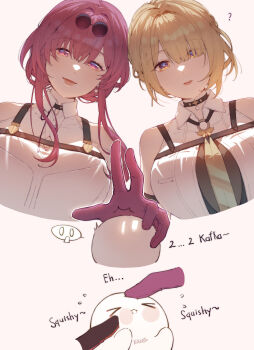 2girls ? absurdres artist_name artist_self-insert bare_shoulders blonde_hair breasts collared_shirt commentary edogawa_kigoro english_commentary english_text evelyn_chevalier glasses gloves highres honkai:_star_rail honkai_(series) kafka_(honkai:_star_rail) large_breasts long_hair looking_at_viewer mihoyo multiple_girls necktie no_jacket parted_lips pince-nez purple_eyes purple_gloves purple_hair round_eyewear shirt smile sunglasses white_shirt yellow_eyes yellow_necktie zenless_zone_zero