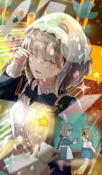 2girls apron breasts chibi chibi_inset closed_eyes dress gakuen_idolmaster grey_hair hand_on_own_chest hand_up highres hiwatari_kanae idolmaster kuramoto_china kws4k long_sleeves maid maid_headdress multiple_girls parted_lips purple_dress short_hair small_breasts smile solo_focus tears white_apron wiping_tears