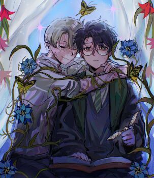 2boys arms_around_neck ashaoguant60501 black_hair blonde_hair blue_flower book book_on_lap bug butterfly closed_eyes closed_mouth collar comforting draco_malfoy flower glasses green_eyes green_necktie harry_potter harry_potter_(series) hogwarts_school_uniform hug insect light_smile lightning_bolt_symbol looking_at_viewer male_focus multiple_boys narrowed_eyes necktie parted_lips plant scar scar_on_face scar_on_forehead school_uniform slytherin striped_necktie teeth vines wing_collar wizarding_world yaoi