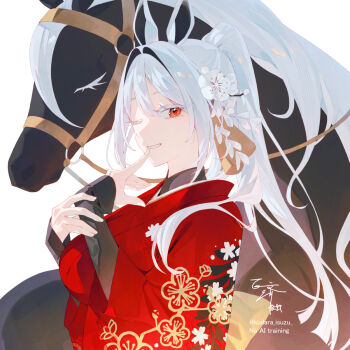 Rule 34 | 1girl, 9750isz, animal ears, breasts, chinese zodiac, closed eyes, commentary, finger to mouth, flower, hair flower, hair intakes, hair ornament, highres, horse, horse ears, horse girl, japanese clothes, kimono, large breasts, long sleeves, looking at viewer, one eye closed, orange eyes, original, parted lips, ponytail, red eyes, red kimono, smile, tassel, tassel hair ornament, teeth, upper body, white hair, year of the horse