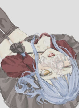 1girl bang_dream! bang_dream!_it's_mygo!!!!! black_pantyhose blue_hair breasts chibi clothes_pull commentary_request condom condom_on_face cum grey_background highres long_hair medium_breasts nipples oblivionis_(bang_dream!) one_eye_closed pantyhose pantyhose_pull red_shirt shirt sidelocks simple_background solo togawa_sakiko used_condom yellow_eyes yukikuma_(yukikuma_018)