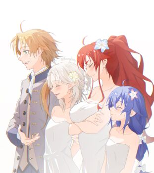 1boy 3girls dress eris_greyrat multiple_girls mushoku_tensei rudeus_greyrat sylphiette_(mushoku_tensei) wedding_dress yanmyhony