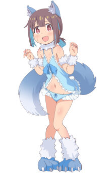 Rule 34 | 1girl, :d, animal ear fluff, animal ears, babydoll, bare legs, bare shoulders, blue babydoll, blue hair, blue panties, blush, brown eyes, brown hair, commentary request, double-parted bangs, flat chest, frilled babydoll, frilled panties, frills, full body, groin, hozuki momiji, ki (adotadot), looking at viewer, multicolored hair, navel, official alternate costume, onii-chan wa oshimai!, open mouth, panties, paw shoes, ponytail, short hair, short ponytail, simple background, smile, solo, standing, tail, two-tone hair, underwear, white background, wolf ears, wolf tail