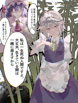 2girls 5swcf1iy8k31657 apron ascot bamboo bamboo_forest bat_wings blue_eyes blue_skirt blue_vest blush bow braid brooch closed_eyes collared_shirt commentary forest frilled_shirt_collar frills green_bow grey_hair hair_bow hat hat_ribbon heterochromia highres imperishable_night izayoi_sakuya jewelry long_hair maid maid_headdress mob_cap multiple_girls nature open_mouth pink_hat puffy_short_sleeves puffy_sleeves purple_hair red_ascot red_eyes remilia_scarlet ribbon shirt short_sleeves skirt smile source_quote speech_bubble touhou translated twin_braids vest waist_apron white_apron white_shirt wings