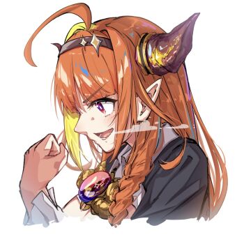 1girl ahoge black_jacket blonde_streaks commentary_request dragon_girl dragon_horns hololive horns jacket kiryu_coco kiryu_coco_(1st_costume) long_hair looking_at_viewer multicolored_hair open_mouth orange_hair pointy_ears purple_eyes shirt solo streaked_hair u_da_desu very_long_hair virtual_youtuber white_shirt