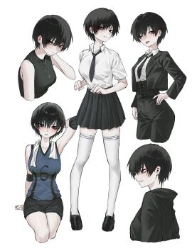 1girl absurdres arm_behind_head black_corset black_hair black_jacket black_necktie black_pants black_shoes black_shorts black_skirt blue_shirt breasts brown_eyes closed_mouth commentary_request corset cropped_legs cropped_torso fingernails full_body hand_on_own_hip hand_on_own_neck highres hood hood_down jacket jewelry long_sleeves multiple_views necklace necktie open_clothes open_jacket original pale_skin pants piercing shirt shoes short_hair short_sleeves shorts simple_background sitting skirt sleeveless sleeveless_shirt smile standing sweat thighhighs tomboy tongue tongue_out tongue_piercing tyrezal v-neck very_short_hair white_background white_shirt white_thighhighs