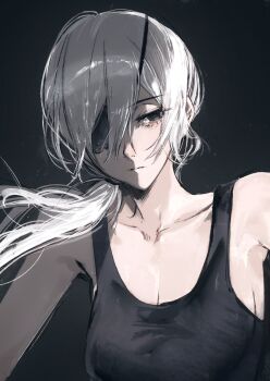 1girl black_background black_eyes black_tank_top breasts chainsaw_man cleavage closed_mouth eyepatch grey_hair highres large_breasts long_hair moku_(muooku) quanxi_(chainsaw_man) solo tank_top