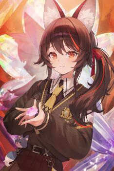 1girl animal_ear_fluff animal_ears aran_sweater atatatatame01 black_hair brown_shirt brown_sweater cable_knit closed_mouth collared_shirt commentary_request contrast_collar dark_skin hair_ribbon highres hololive long_hair looking_at_viewer multicolored_hair necktie official_alternate_costume official_alternate_hairstyle ookami_mio ookami_mio_(10th_costume) plaid_clothes plaid_skirt pleated_skirt red_hair red_ribbon ribbon shirt side_ponytail sidelocks skirt smile solo streaked_hair sweater sweater_tucked_in wolf_ears wolf_girl yellow_eyes yellow_necktie