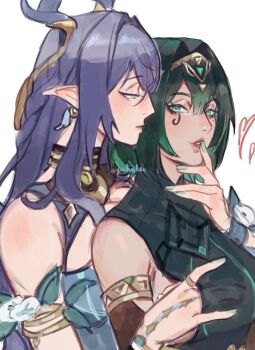 2girls antler_ornament antlers armlet bare_shoulders black_dress blue_dress blush breasts bridal_gauntlets circlet closed_mouth dress earrings facial_mark fingernails flower gem genshin_impact gold_armlet gold_earrings gold_ring green_eyes green_gemstone green_hair green_nails hair_between_eyes half-closed_eyes hand_on_own_chin hand_up heart horns jewelry julia_(julinhei) large_breasts lauma_(genshin_impact) leaf lips long_hair looking_at_another multiple_girls nail_polish nefer_(genshin_impact) pendant pointy_ears purple_eyes purple_hair short_hair simple_background sleeveless sleeveless_dress smile teeth upper_body white_background white_flower yuri