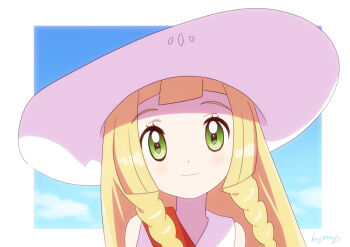 Rule 34 | 1girl, blonde hair, blush, braid, closed mouth, cloud, commentary request, day, dress, eyelashes, green eyes, happy, hat, kyanos (b 0000ff), lillie (pokemon), long hair, looking at viewer, nintendo, outdoors, pokemon, pokemon sm, portrait, side braids, sky, sleeveless, sleeveless dress, smile, solo, strap, sun hat, white hat