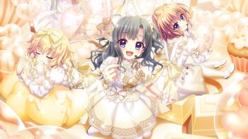 3girls ahoge balloon black_hair blonde_hair blue_eyes bow breasts chocolate closed_eyes closed_mouth concert cupcake dot_nose dress film_grain food game_cg hair_bow hasegawa_mii headset heart_balloon holding holding_balloon icing itsumura_yukari izumi_tsubasu large_bow long_hair looking_at_viewer lying matching_outfits medium_breasts multiple_girls multiple_hair_bows non-web_source official_art on_stomach open_mouth orange_hair outstretched_arm oversized_food oversized_object pantyhose puffy_short_sleeves puffy_sleeves re:stage! screen shikimiya_mana shoes short_hair short_sleeves sitting smile sparkle stage two_side_up valentine wariza white_bow white_chocolate white_dress white_footwear white_pantyhose white_wrist_cuffs wrist_cuffs yellow_bow