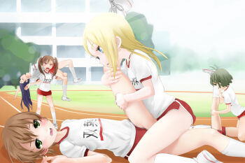 2boys 4girls akizuki_ryo androgynous argentine_backbreaker asphyxiation assisted_stretching backbreaker bad_id bad_pixiv_id blonde_hair blue_eyes blush brother_and_sister brown_eyes brown_hair buruma crossdressing day femdom frottage green_eyes gym_shorts gym_uniform hetero multiple_boys multiple_girls open_mouth original outdoors pain running_track school_uniform short_hair shorts siblings strangling stretching tongue translated trap twintails wrestling you're_doing_it_wrong yuki18r yuri