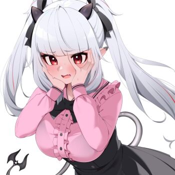 1girl black_bow black_bowtie blunt_bangs blush bow bowtie bra_visible_through_clothes breasts center_frills demon_girl demon_tail dress ear_ornament fang frilled_shirt frills grey_hair hands_on_own_face horns indie_virtual_youtuber large_breasts long_hair long_sleeves looking_at_viewer lucy_pyre nano_(nanojyaa) open_mouth pointy_ears red_eyes shirt simple_background skin_fang solo tail twintails upper_body very_long_hair virtual_youtuber white_background