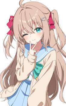 1girl ahoge aqua_bow aqua_bowtie blue_sailor_collar blue_skirt blush bow bowtie brown_hair cardigan cowboy_shot crossed_bangs double-parted_bangs hact0_synsh1a hair_between_eyes hair_intakes hair_ornament hair_ribbon hand_up head_tilt heart heart_hair_ornament inward_v long_hair long_sleeves looking_at_viewer miniskirt neuro-sama one_eye_closed open_cardigan open_clothes pleated_skirt red_ribbon ribbon sailor_collar simple_background skirt smile solo split_mouth two_side_up v vedal_ai very_long_hair white_background yellow_cardigan