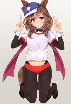 1girl absurdres alternate_costume animal_ears barefoot bloomers blush breasts brown_eyes brown_hair buruma closed_mouth collarbone commentary_request double_v full_body gym_uniform hair_between_eyes hair_ornament highres horse_girl kneeling m172/minatsu matikanetannhauser_(umamusume) medium_breasts medium_hair navel pantyhose reverse_bunnysuit reverse_outfit smile solo umamusume underwear v white_background