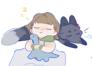 Rule 34 | 1girl, animalization, braid, brown hair, center-flap bangs, closed eyes, commentary, fox, hugging doll, hugging object, kachimachi kosuzu, kachimachi kosuzu (summer loungewear), link! like! love live!, long hair, love live!, momose ginko, pipi (m1x mix), puff of air, short eyebrows, side braids, simple background, stuffed dinosaur, thick eyebrows, u u, v-shaped eyebrows, virtual youtuber, white background, zzz