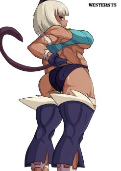 1girl 2023 abs absurdres animal_ears ass barefoot belt belt_pouch black_thighhighs blonde_hair blue_eyes blue_shirt breasts cat_ears cat_girl cat_tail closed_mouth colored_eyelashes commentary dark-skinned_female dark_skin fang fangs fangs_out feet_out_of_frame fingerless_gloves fingernails gloves highres large_breasts long_fingernails looking_at_viewer looking_back midair ms._fortune_(skullgirls) muscular muscular_female navel panties pointing pouch revealing_clothes scar sharp_teeth shirt short_hair simple_background skullgirls sleeveless sleeveless_shirt solo spanish_commentary tail teeth thick_thighs thighhighs thighs toned toned_female underboob underwear utility_belt very_short_hair westernts white_background white_hair