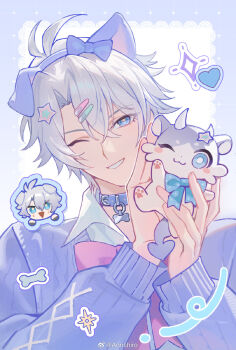 Rule 34 | 1boy, animal ear headwear, animal ears, annshiro76, antenna hair, blue eyes, bow, bowtie, character doll, character request, character sticker, collar, collared shirt, commentary, curtained hair, dog ears, doll, fake animal ears, hair ornament, hairclip, hashtag-only commentary, heart, heart sticker, highres, holding, holding stuffed toy, honkai: star rail, honkai (series), long sleeves, male focus, one eye closed, phainon (honkai: star rail), pink bow, purple sweater, shirt, smile, solo, sparkle, star (symbol), star hair ornament, sticker, stuffed animal, stuffed toy, sweater, symbol-only commentary, upper body, watermark, weibo watermark, white hair, white shirt
